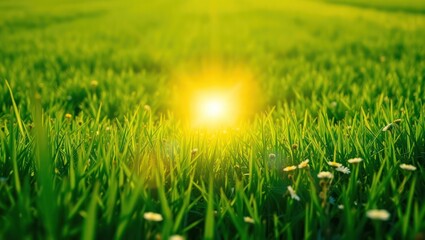 Lush green grass field illuminated by a bright sunbeam.