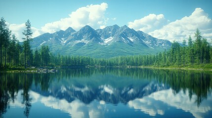 Serene mountain lake mirroring clouds