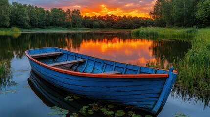 Obraz premium Serene blue wooden boat on tranquil lake at sunset