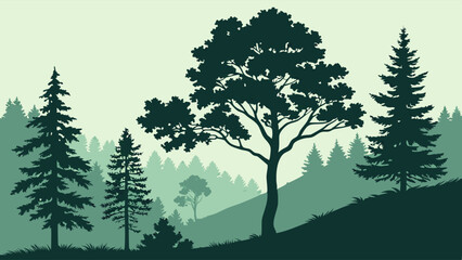 Forest Landscape Silhouette with Evergreen and Deciduous Trees.