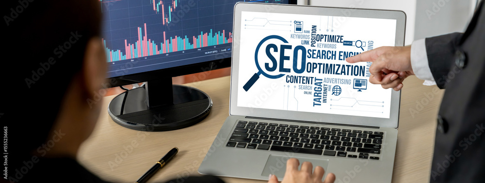Aufkleber seo search engine optimization for brisk e-commerce and online retail business showing on computer s
