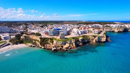 Torre dell'Orso - Italy, Apulia - Aerial view overlooking the rocky coast and the resort