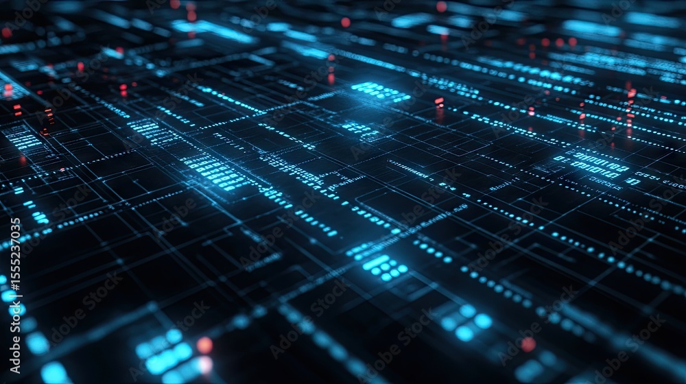 Poster intricate digital circuit pattern with glowing light.