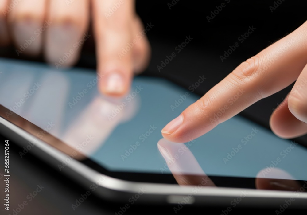 Aufkleber digital tablet screen interaction. a person's index finger gently presses a sleek portable computer 