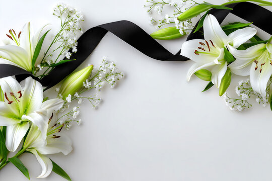 Elegant lilies and black ribbon funeral arrangement on white background, commemorating with floral arrangement and a black bow