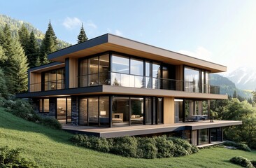 Fototapeta premium Modern chalet nestled in mountain valley. Expansive glass facade, wooden accents