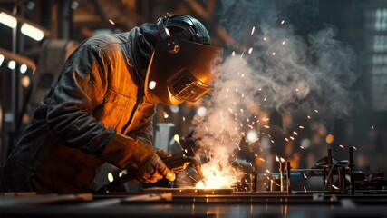 Welder in Action A skilled welder, engulfed in the dynamic dance of sparks and light, meticulously focuses on a project in a workshop, illustrating dedication.