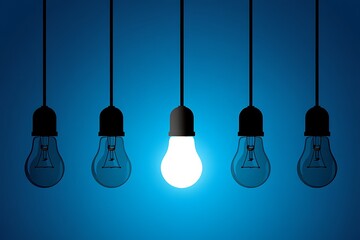 A Single Bright Light Bulb Shines Amongst Five Dim Bulbs Illustrating Unique Ideas