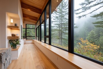 Fototapeta premium Interior of Off-Grid House with Glass Walls Overlooking Foggy Forest and Smart Sustainable Design