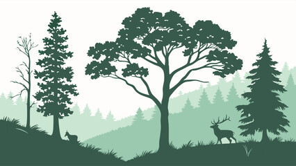 Obraz premium Silhouette of Forest Landscape with Deer and Rabbit.