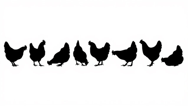 Diverse silhouettes of chickens in various poses on a white background