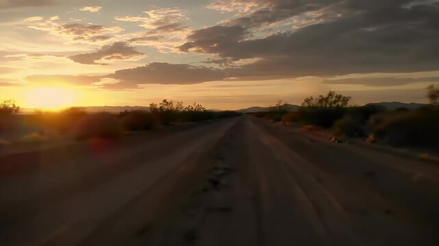 A cinematic video of a serene desert landscape at golden hour. A dusty, unpaved road stretches into the horizon, with dry tire tracks and scattered rocks.