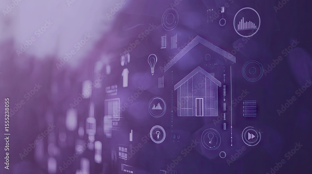 Poster digital interface with graphic representation of a house and various data icons.