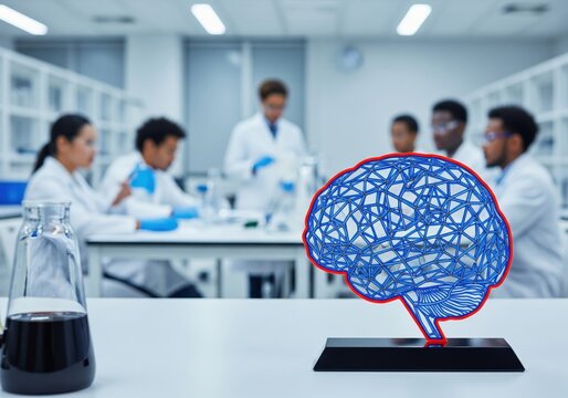 Brain Science and AI Breakthrough. Digital cranium replica on lab desk signifies cognitive innovation. Diverse team of experts conducts advanced neurology studies in the blurred background.