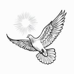 Obraz premium Dove flying in the sky with the sun shining behind it Image vector isolated on white background.