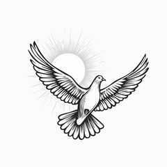 Obraz premium Dove flying in the sky with the sun shining behind it Image vector isolated on white background.