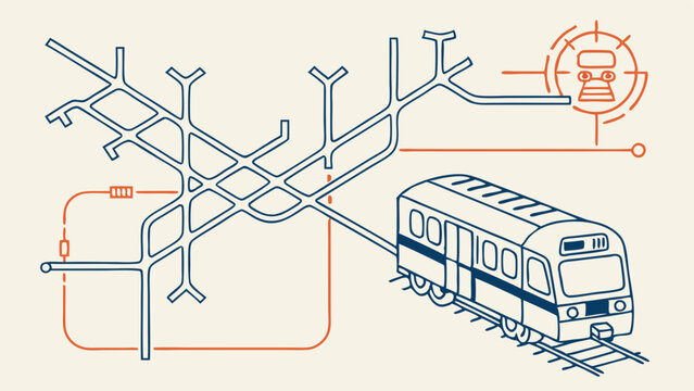 Subway map with train illustration in blue and orange lines.
