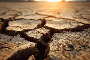 Dried cracked earth under sunset in a desolate landscape showing effects of drought and climate change