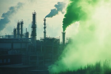 Chemicals are emitted from tall smokestacks at a factory, forming a dense green haze that blankets the surroundings during daylight hours, highlighting environmental concerns