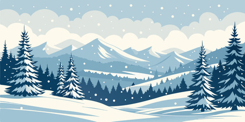 Fototapeta premium Christmas Snow Scene with Mountains and Pine Trees. Vector Illustration