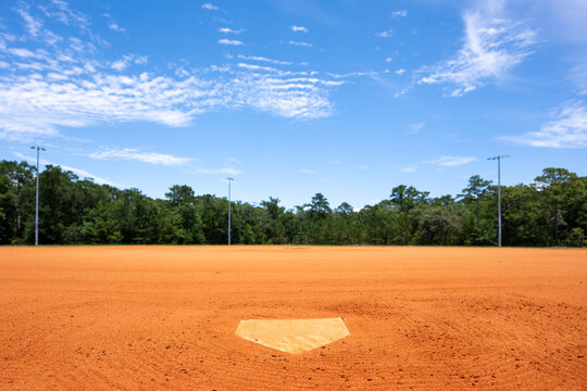 Baseball diamond under a clear blue sky with lush trees in the background during midday