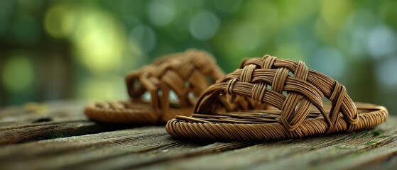 Intricately woven sandals rest on a wooden surface, framed by a lush, blurred green background, embodying craftsmanship and simple style.