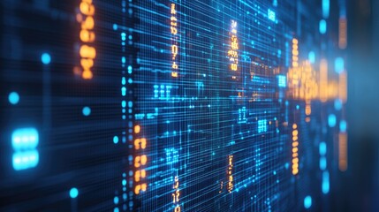 Abstract digital network display with glowing lines and data.