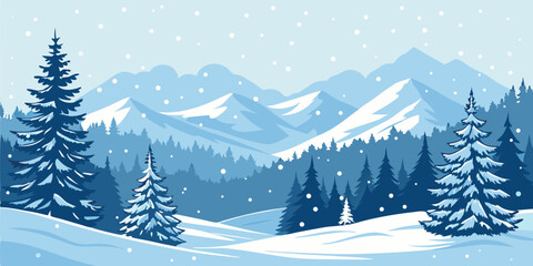 Winter Snowy Mountain Landscape with Christmas Trees. Vector Illustration
