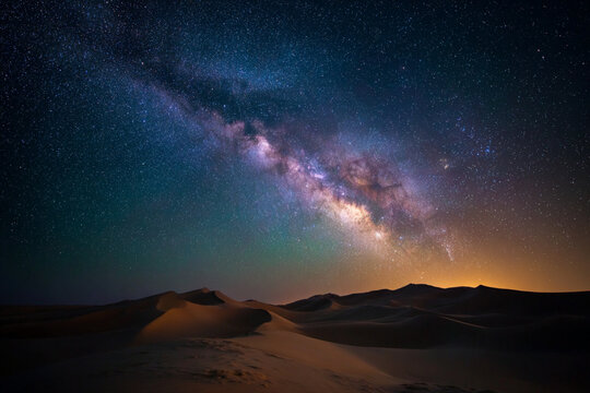 Night sky above the desert reveals the beauty of the Milky Way and the serenity of sandy dunes