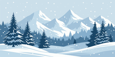 Christmas Snow Scene with Mountains and Pine Trees. Vector Illustration