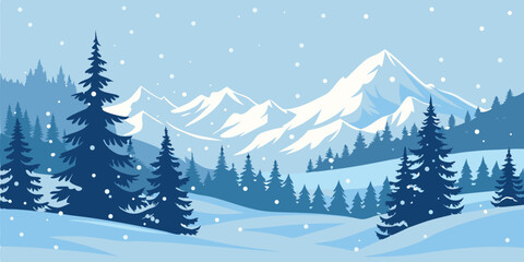 Fototapeta premium Winter Snowy Mountain Landscape with Christmas Trees. Vector Illustration