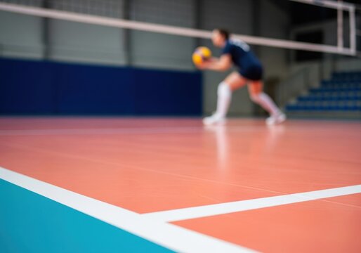Dynamic Volleyball Action on Court. A focused athlete on a vivid playing surface, prepared for an intense sports challenge. Captures dedication and athletic pursuit.