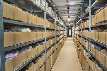 Long Warehouse Aisle with Densely Packed Shelves