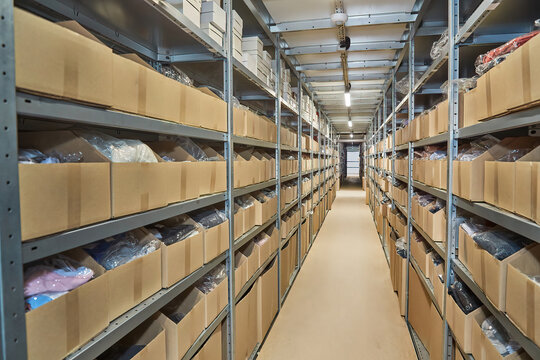 Long Warehouse Aisle with Densely Packed Shelves - Powered by Adobe