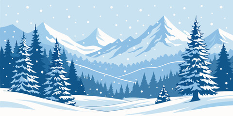 Winter Snowy Mountain Landscape with Christmas Trees. Vector Illustration