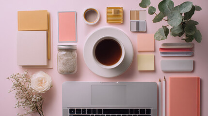 Flat Lay of Marketing Tools with Laptop and Coffee Cup 