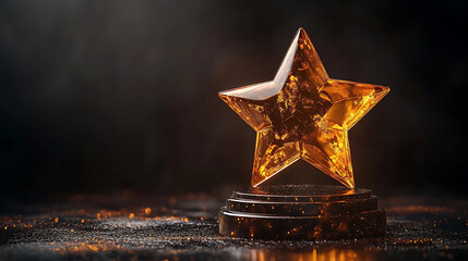 Golden star award shining brightly on a dark background symbolizing achievements and success with glowing particles and reflections