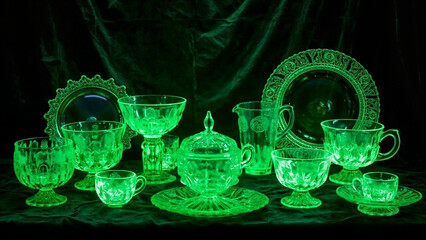 Vintage Uranium Glass Tableware Glowing Under UV Light