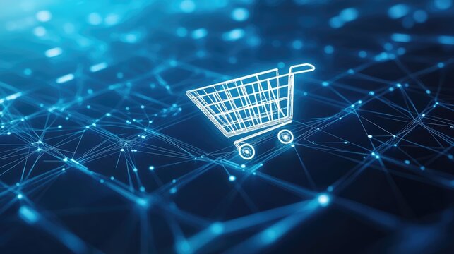 Shopping cart icon overlaid on a network design.