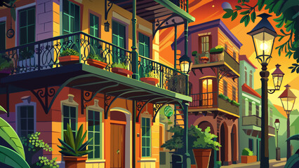 Obraz premium Wrought-iron balconies draped with green vines overlook cobblestone streets in the French Quarter. Jazz music drifts from a nearby café. Lantern-style streetlights glow softly as evening settles in. 