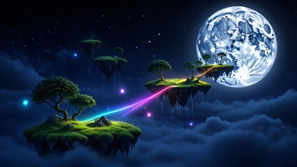 Obraz premium Enchanting floating islands with lush green grass and trees under a giant luminous moon and starry night sky