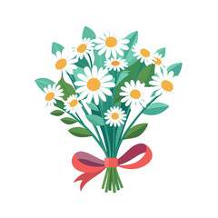 A beautiful bouquet of white daisies with green leaves tied with a red ribbon isolated on white background isolated on transparent background