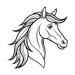 Elegant black and white line art illustration of a majestic horse head with a flowing mane isolated on white background isolated on transparent background