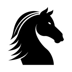 Stylized black silhouette of a horse head with a flowing mane isolated on white background isolated on transparent background