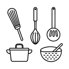 Collection of simple black line art kitchen utensils including a whisk a slotted spoon a pot and a colander with a spoon isolated on white background isolated on transparent background