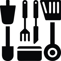 Collection of basic cooking utensil icons including a pan spatula and ladle isolated on white background isolated on transparent background