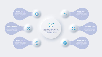 Neumorphic flow chart infographic. Creative concept for infographic with 6 steps, options, parts or processes.