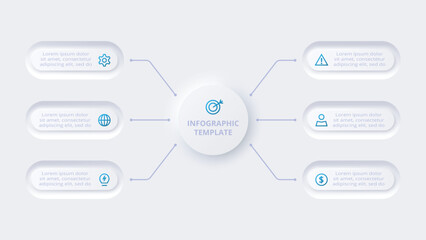 Neumorphic flow chart infographic. Creative concept for infographic with 6 steps, options, parts or processes.