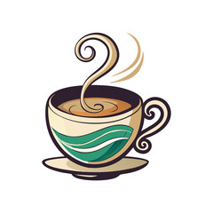 Stylized illustration of a steaming cup of coffee with a decorative swirl and leaf motif isolated on white background isolated on transparent background