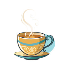 A decorative yellow and blue ceramic cup filled with hot brown liquid and wisps of steam rising isolated on white background isolated on transparent background